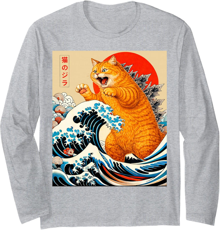 Catzilla Orange Cat Japanese Art Gifts for Men Women Kid Long Sleeve T-Shirt - Adult Unisex Heather Grey