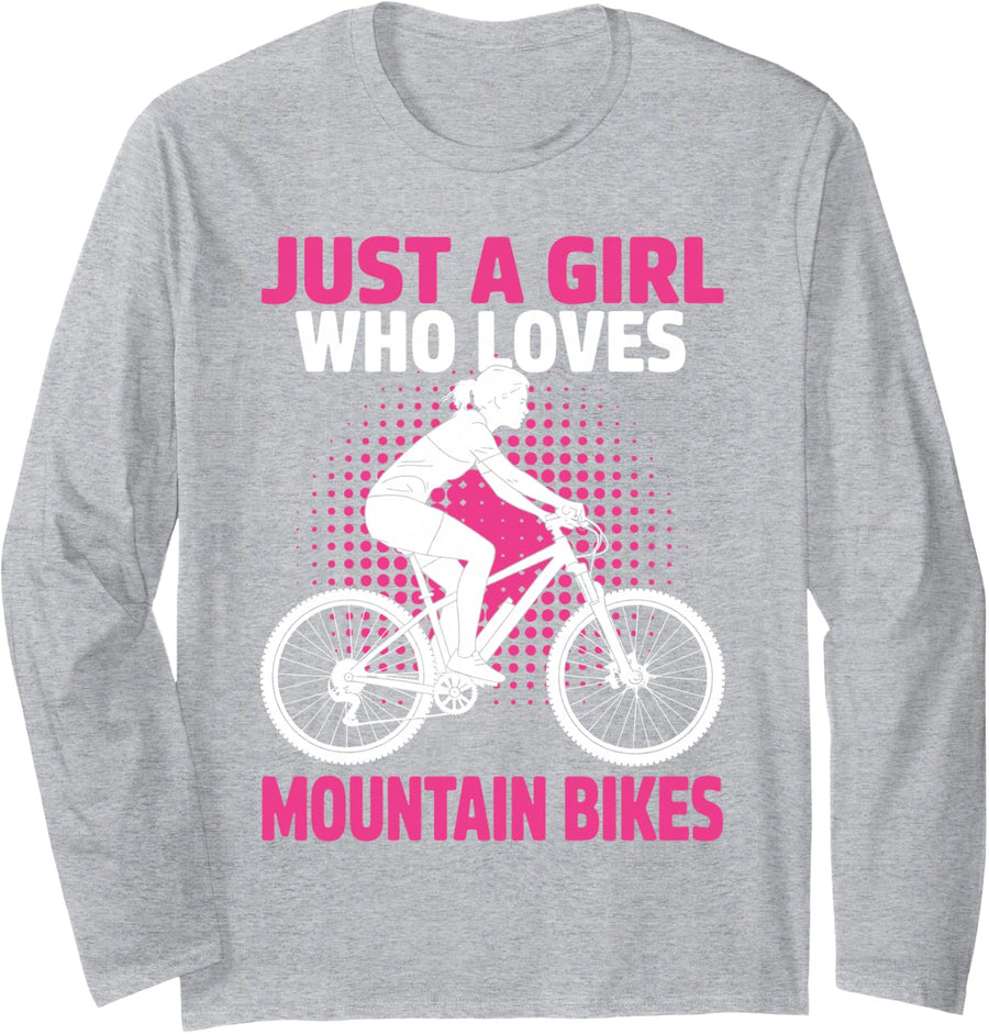 Funny Mountain Bike Design for Women Girls Mom Downhill MTB Long Sleeve T-Shirt - Adult Unisex Heather Grey