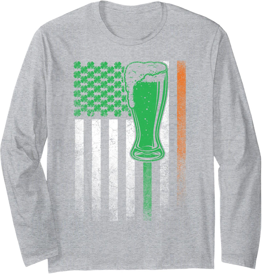 Beer Pint Glass Gift St. Patrick's Day Irish American Flag Long Sleeve T-Shirt - Adult Unisex Heather Grey