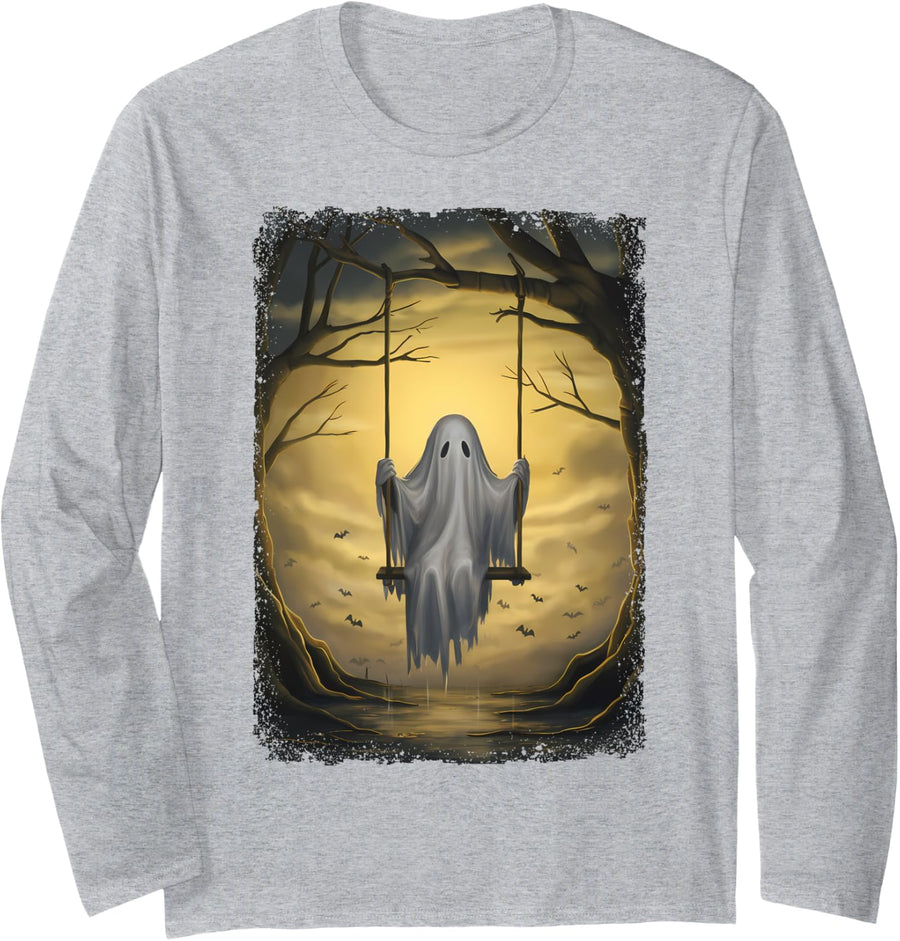 Vintage Floral Ghost On Swing Forest Halloween Gothic Bat Long Sleeve T-Shirt - Adult Unisex Heather Grey