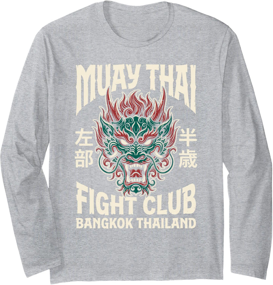 Muay Thai Club Bangkok Thailand Fighter Martial Arts 8 Limbs Long Sleeve T-Shirt - Adult Unisex Heather Grey