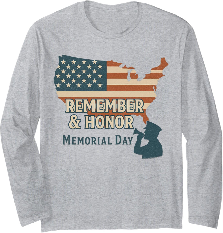 Vintage Memorial Day “Remember & Honor” Flag Tee Long Sleeve T-Shirt - Adult Unisex Heather Grey