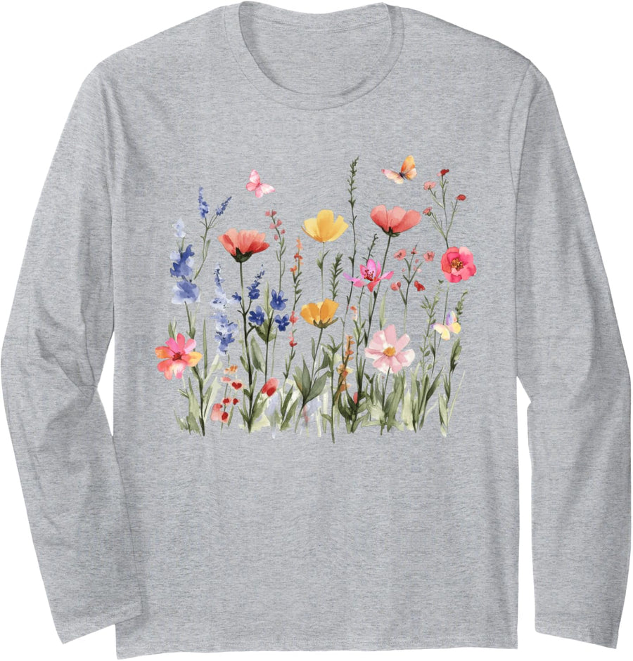 Vintage Boho Wildflower Watercolor Cottagecore Butterfly Long Sleeve T-Shirt - Adult Unisex Heather Grey