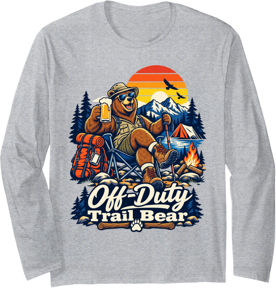 Off Duty Trail Bear Funny Hiking Outdoor Adventure Camper Long Sleeve T-Shirt - Adult Unisex Heather Grey