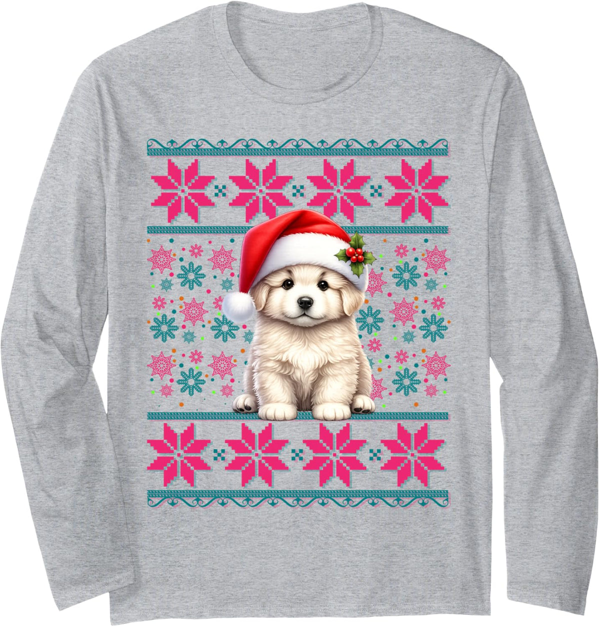 Santa Ugly Christmas Pajama Women Girls Great Pyrenees Dog Long Sleeve T-Shirt - Adult Unisex Heather Grey