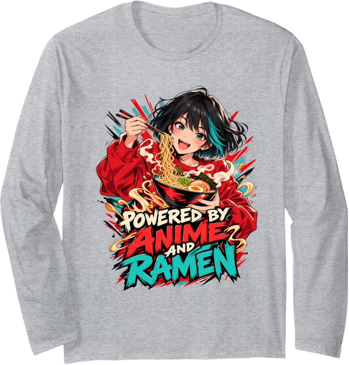 Powered By Anime and Ramen Japanese Noodle Lover Long Sleeve T-Shirt - Adult Unisex Heather Grey