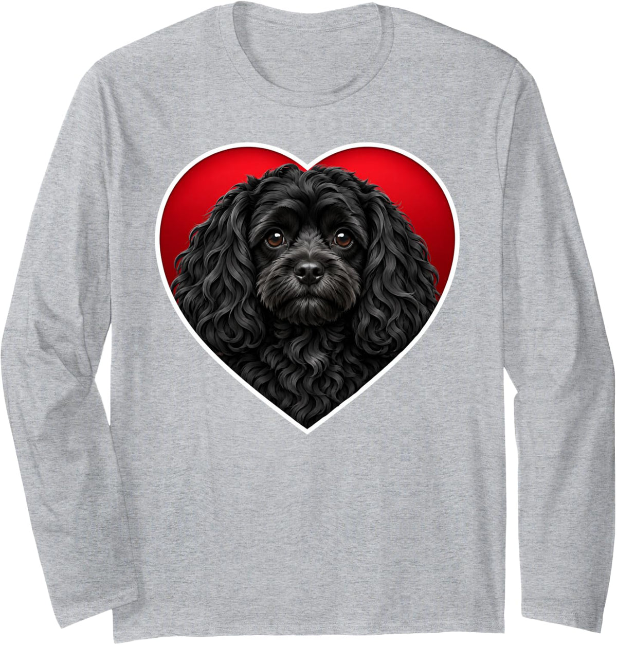 Black Cavapoo Heart Long Sleeve T-Shirt - Adult Unisex Heather Grey