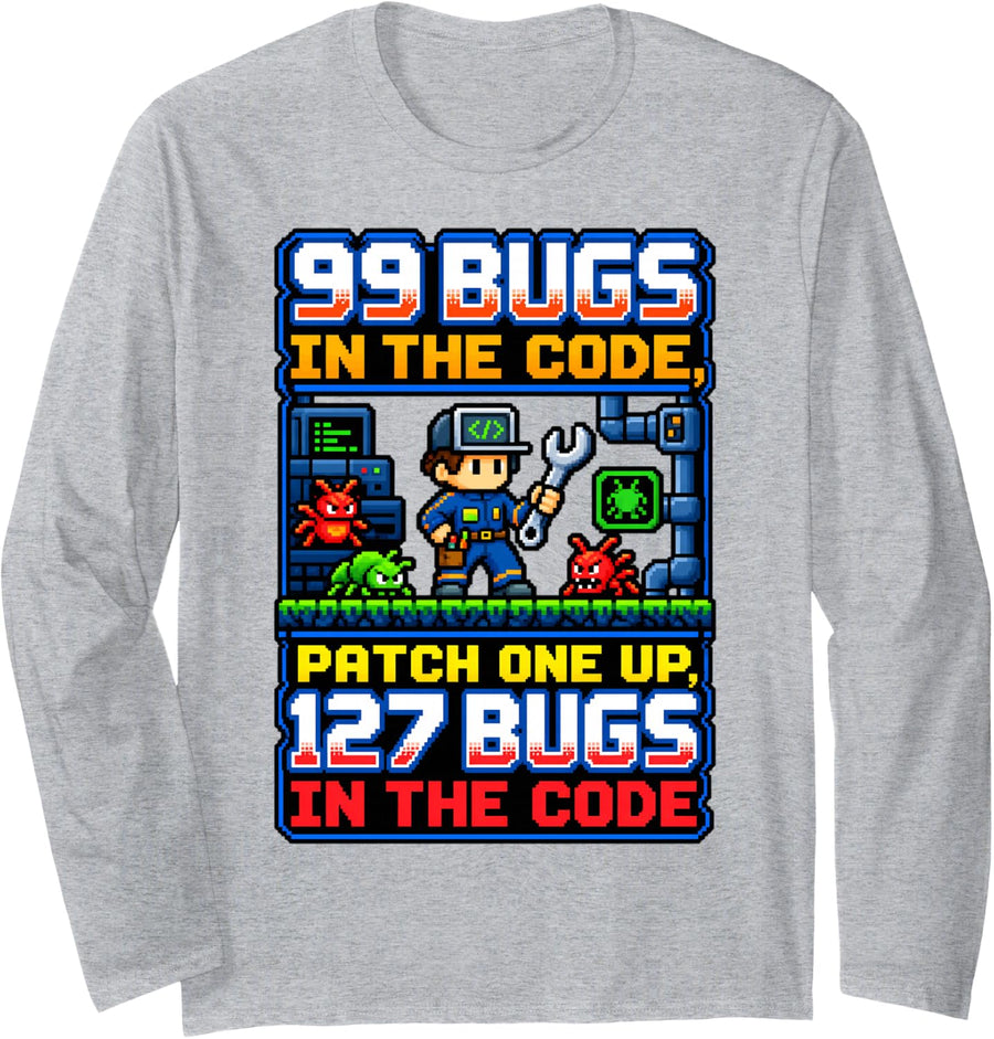 99 Bugs in the Code Retro Pixel Programmer Debugging Graphic Long Sleeve T-Shirt - Adult Unisex Heather Grey