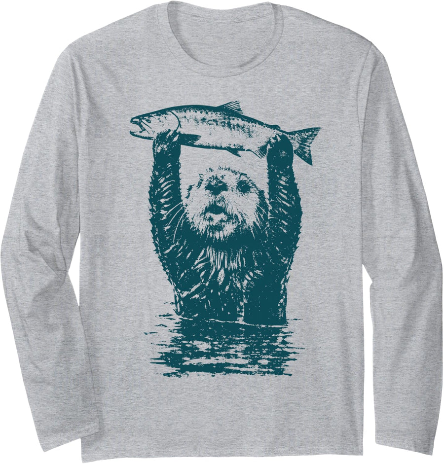 Sea Otter Fishing Fish Animal Nature Coast Long Sleeve T-Shirt - Adult Unisex Heather Grey