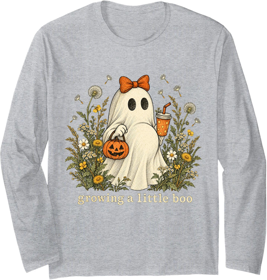 Growing A Little Boo Ghost Pregnancy Maternity Halloween Long Sleeve T-Shirt - Adult Unisex Heather Grey