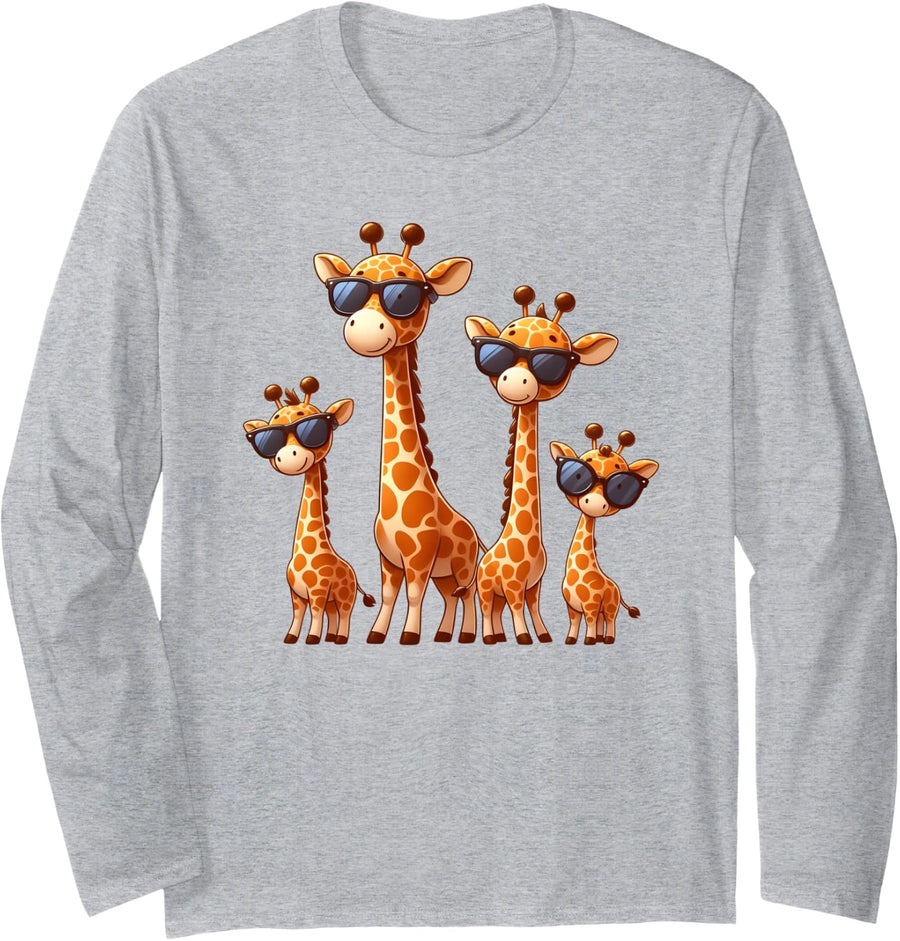 Giraffe Family Sunglasses Safari Zoo Lover Cartoon Giraffes Long Sleeve T-Shirt - Adult Unisex Heather Grey