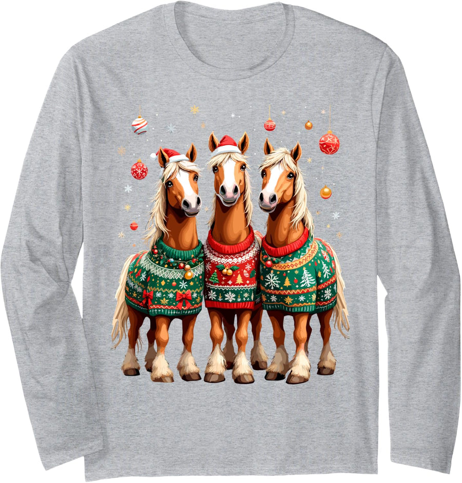 Horses Ugly Sweters Christmas Xmas Horse Lover Horseman Long Sleeve T-Shirt - Adult Unisex Heather Grey