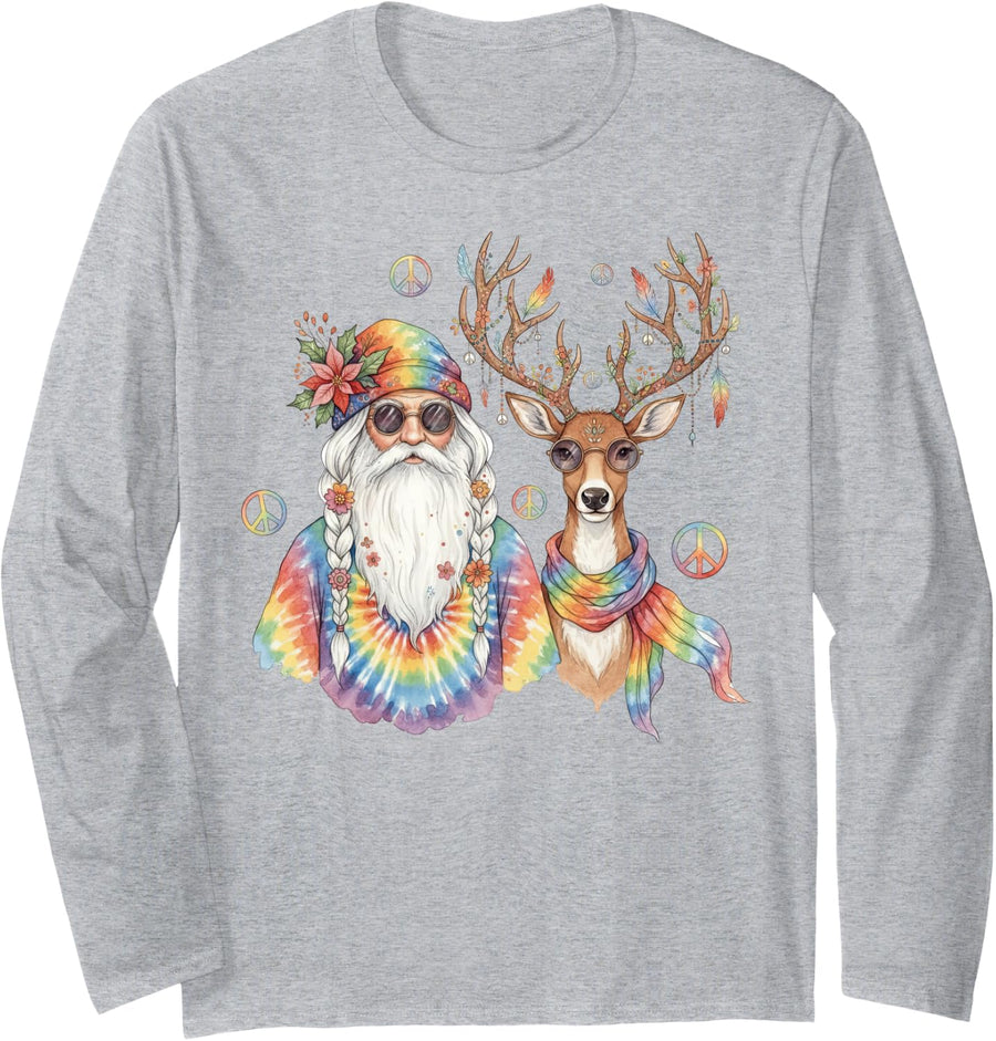 Gypsy Santa Reindeer Groovy Hippie Christmas Long Sleeve T-Shirt - Adult Unisex Heather Grey
