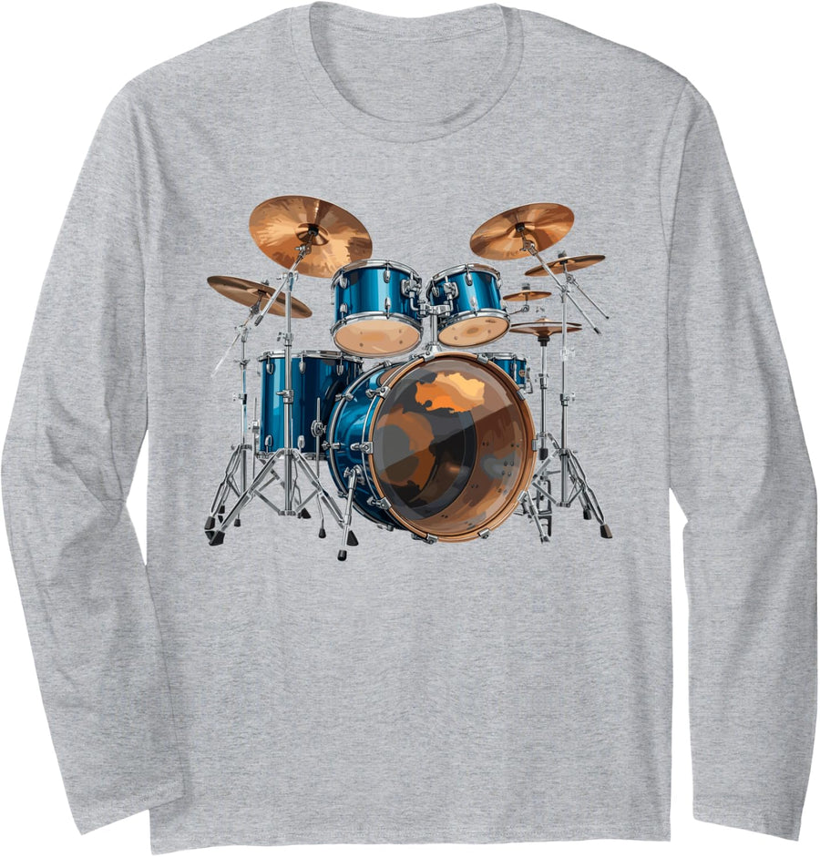 Play Drums Set Drumming Drummer Musician Rock Music Band Tee Long Sleeve T-Shirt - Adult Unisex Heather Grey