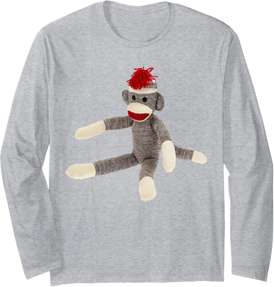 Sock Monkey Smiling Long Sleeve T-Shirt - Adult Unisex Heather Grey