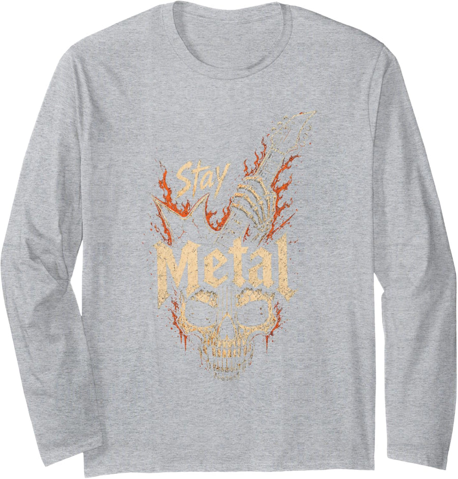 Guitar Stay Metal Skull Rock Guitarist Music Gift Long Sleeve T-Shirt - Adult Unisex Heather Grey