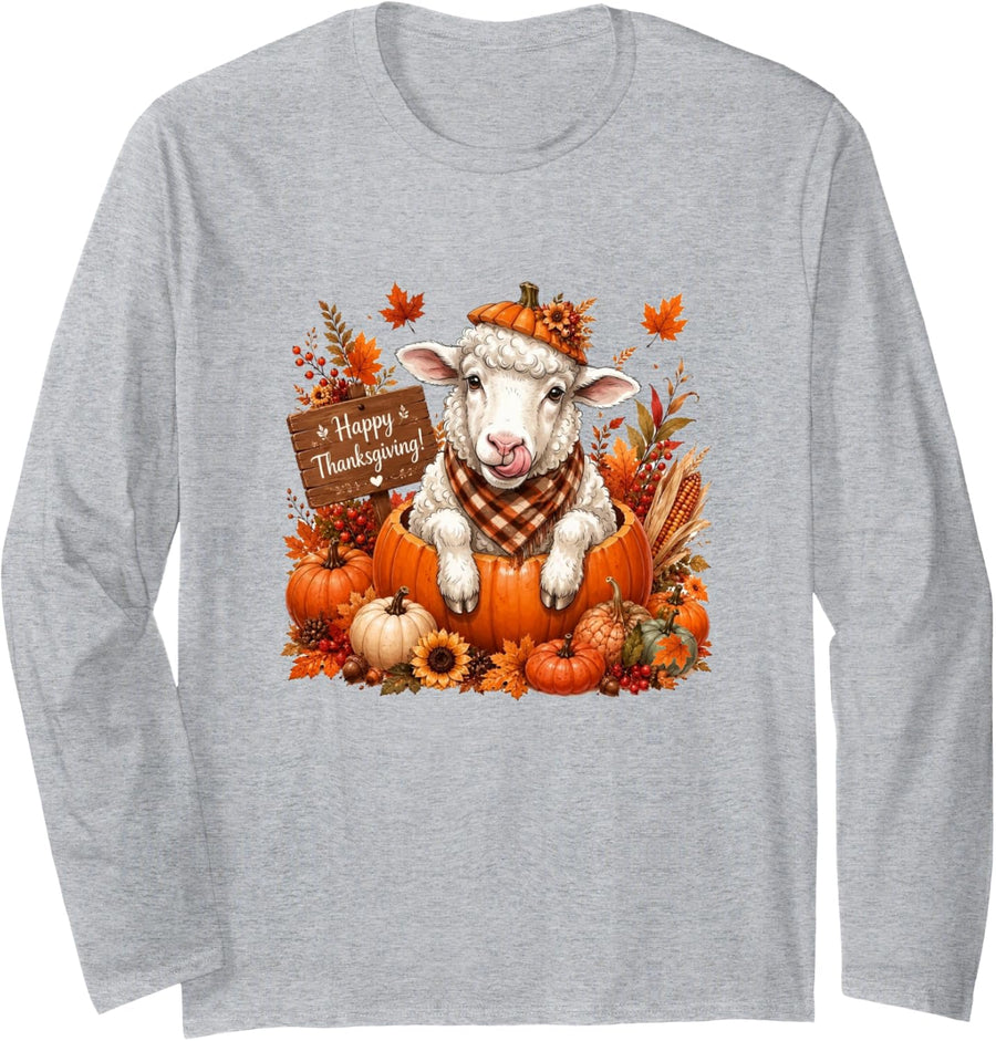 Sheep Inside Pumpkin Fall Leaves Thanksgiving Owner Family Long Sleeve T-Shirt - Adult Unisex Heather Grey