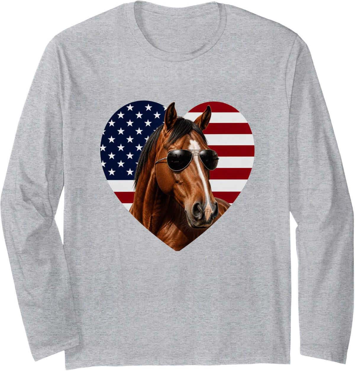 Chestnut Horse USA Flag Heart Patriotic Horse Long Sleeve T-Shirt - Adult Unisex Heather Grey