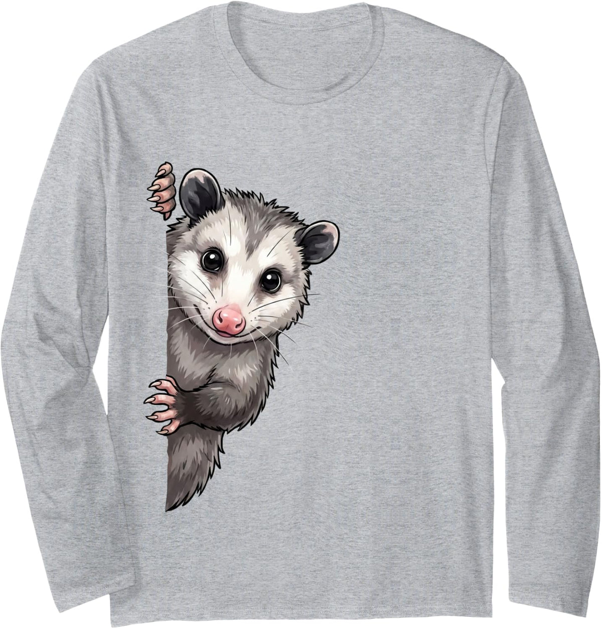 Funny Opossum Peeking from Side Wildlife Animal Long Sleeve T-Shirt - Adult Unisex Heather Grey