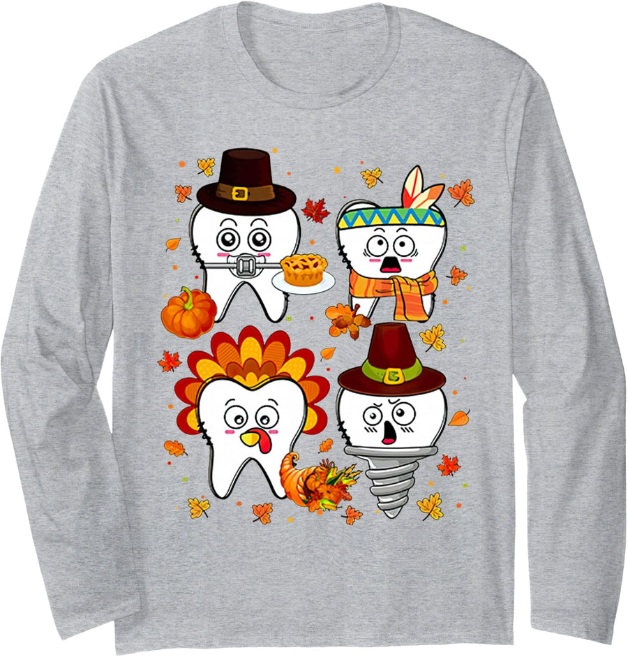 Funny Teeth Dental Squad Dentist Autumn Fall Thanksgiving Long Sleeve T-Shirt - Adult Unisex Heather Grey