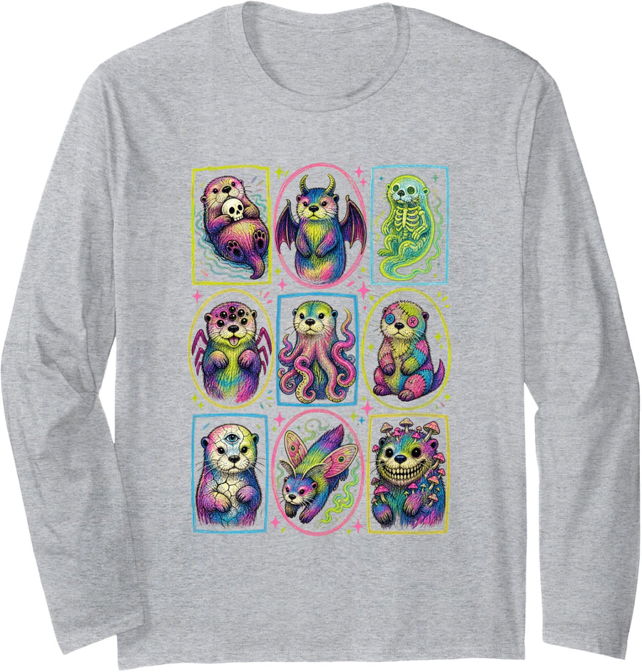 Cute Creepy Otter Spooky Kawaii Long Sleeve T-Shirt - Adult Unisex Heather Grey