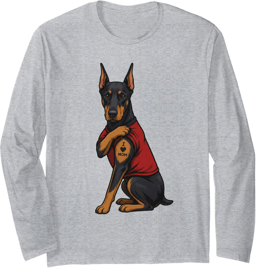 I Love Mom Tattoed Dog Mama Doberman Owner Dog Lover Long Sleeve T-Shirt - Adult Unisex Heather Grey