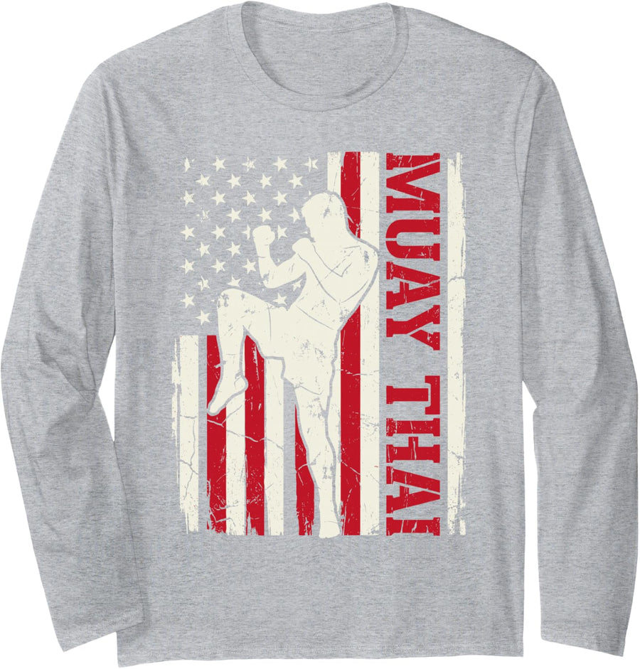 US Flag Muay Thai Thailand Fighter Martial Arts 8 Limbs Long Sleeve T-Shirt - Adult Unisex Heather Grey