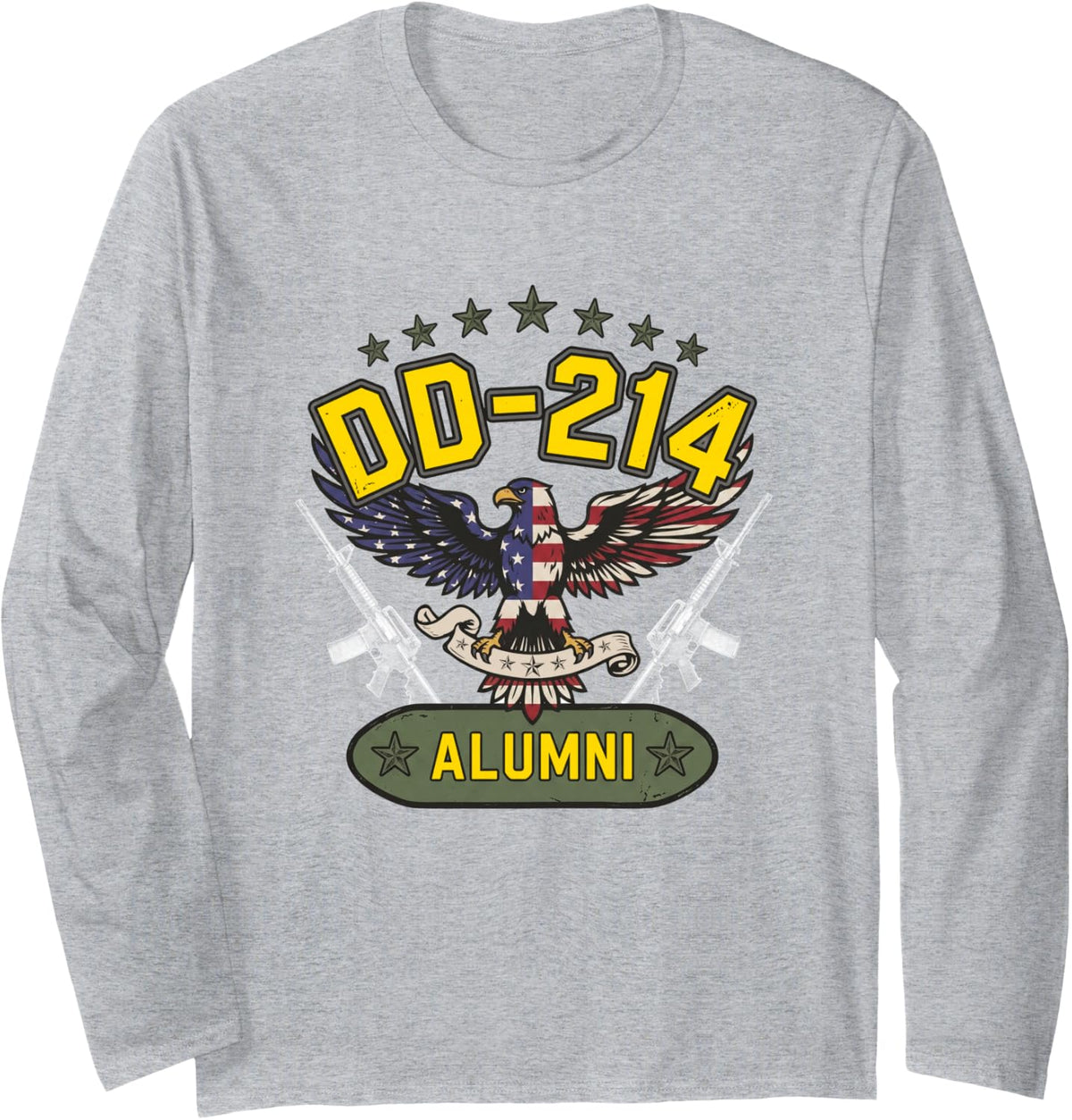 DD-214 Alumni in Black US Military Veteran Retired DD-214 Long Sleeve T-Shirt - Adult Unisex Heather Grey