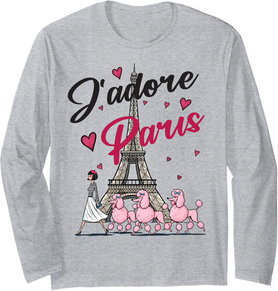 I Love Paris, Woman Walking Poodles by Eiffel Tower Long Sleeve T-Shirt - Adult Unisex Heather Grey