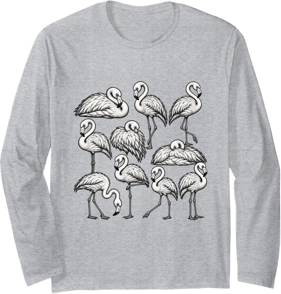 Vintage 90s Tattoo Flamingo Vintage Sketch Art Animal Lover Long Sleeve T-Shirt - Adult Unisex Heather Grey