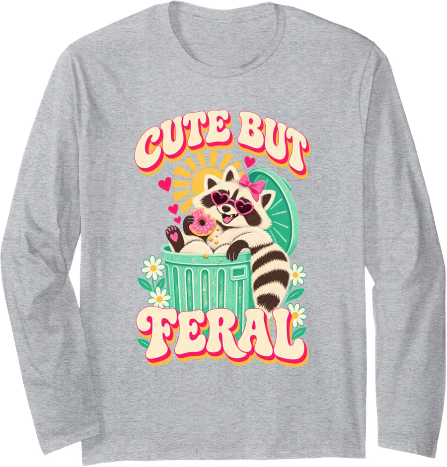 Trash Can Raccoon Donut Funny Girls Kawaii Cute But Feral Long Sleeve T-Shirt - Adult Unisex Heather Grey