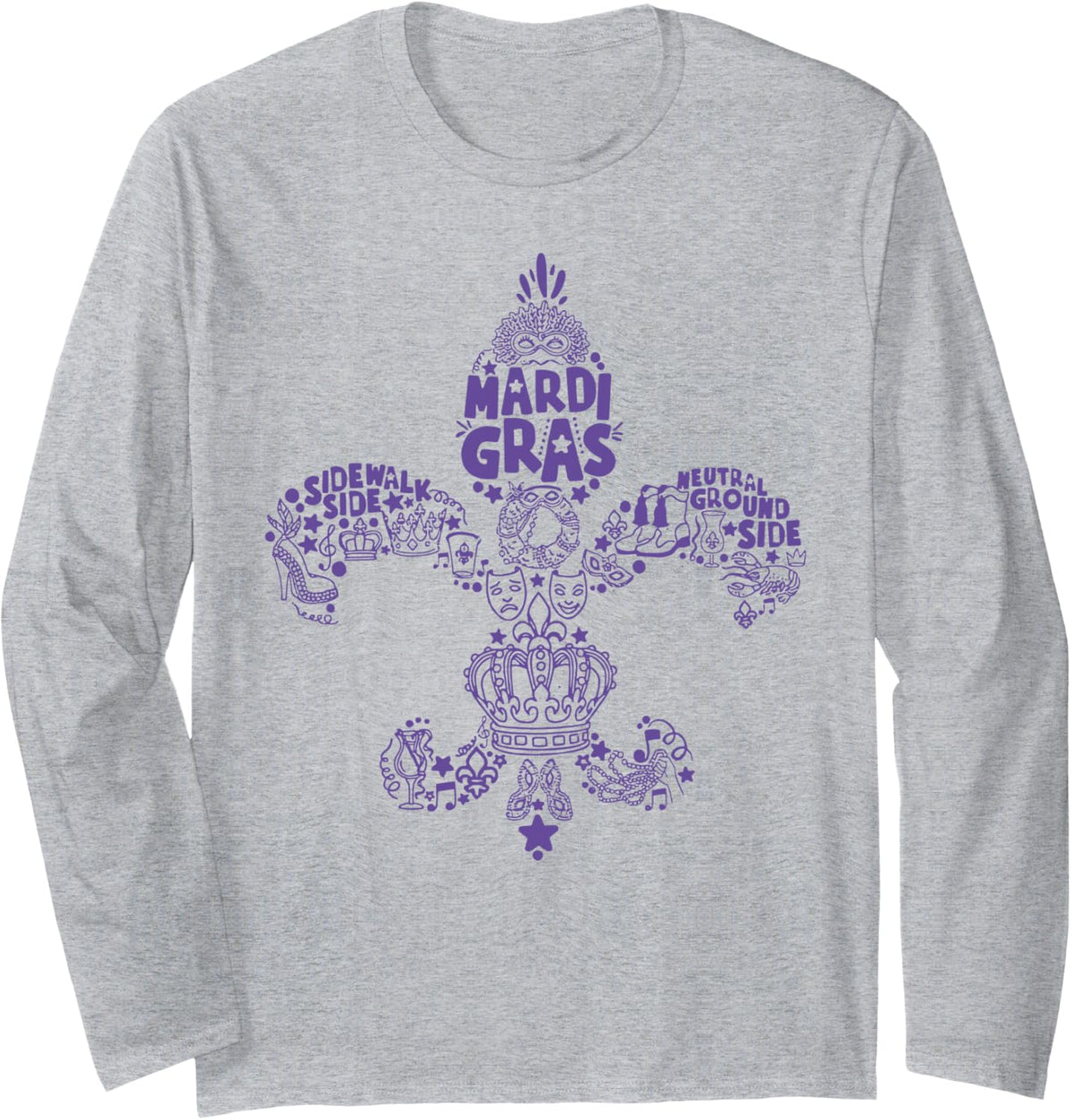 Mardi Gras Costume, Sidewalk Side, Neutral Ground Side Long Sleeve T-Shirt - Adult Unisex Heather Grey