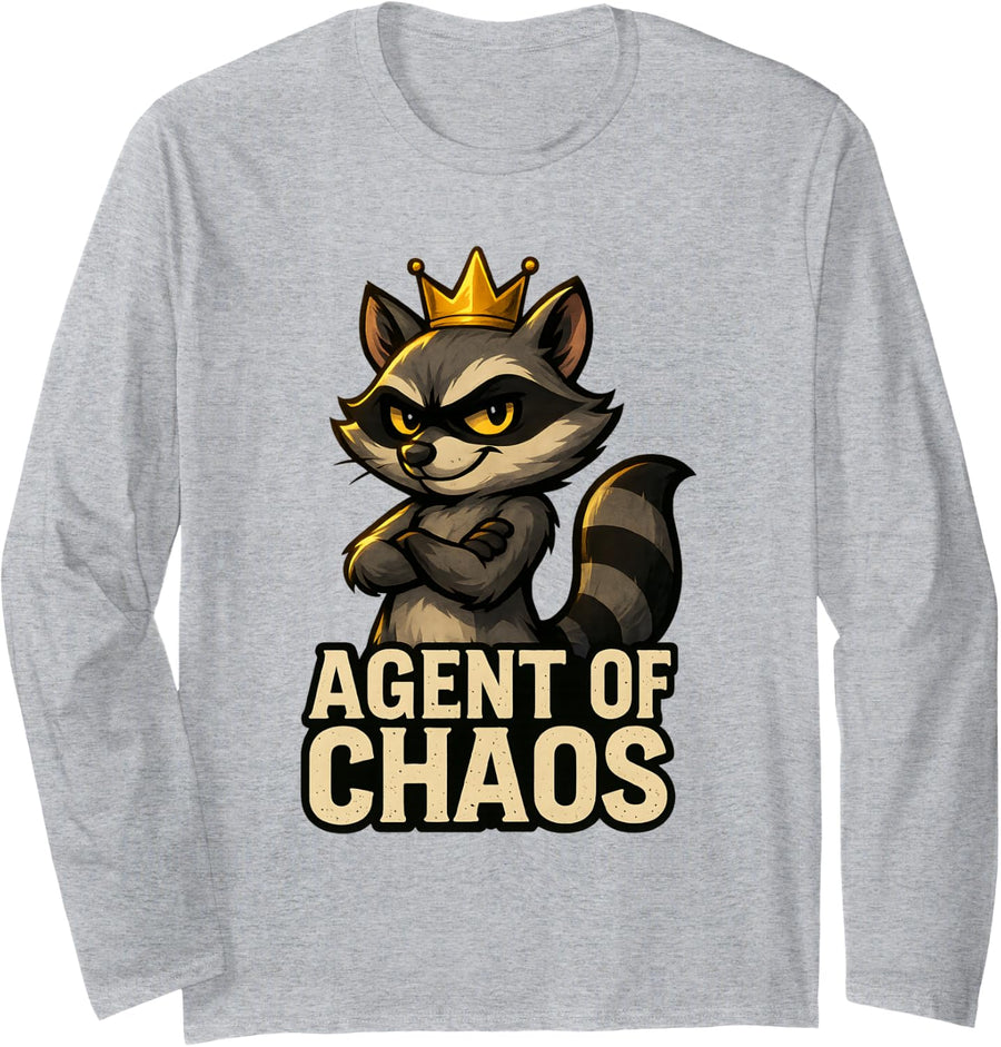Funny Raccoon Agent of Chaos Sarcastic Trash Panda Meme Long Sleeve T-Shirt - Adult Unisex Heather Grey