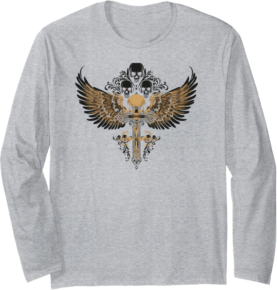 Y2K Grunge Skull Wings Gothic Emo Punk Aesthetic Long Sleeve T-Shirt - Adult Unisex Heather Grey