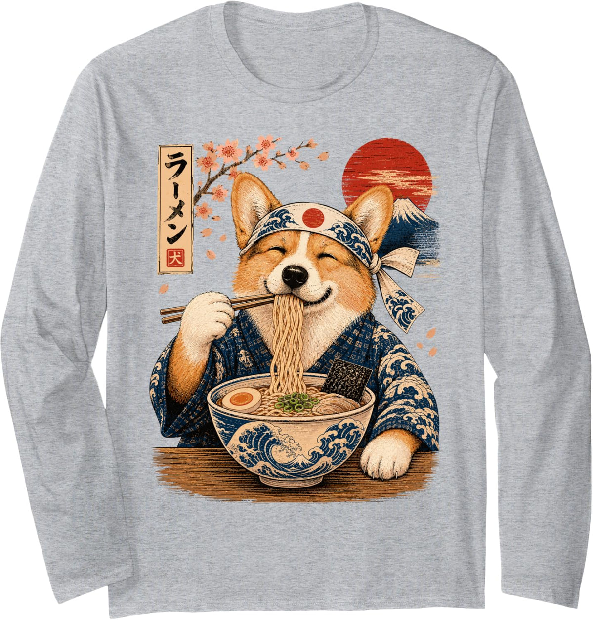 Corgi Dog Eating Ramen Japanese Corgi Long Sleeve T-Shirt - Adult Unisex Heather Grey