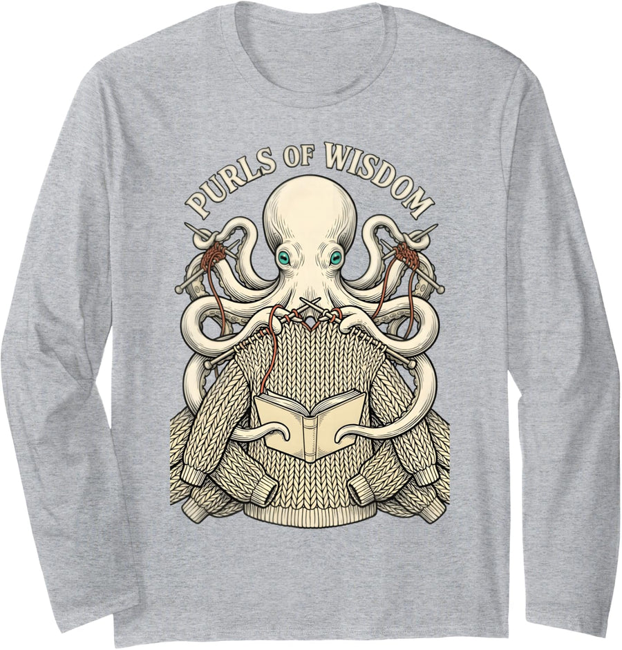Octopus Purls of Wisdom Funny Knitting Humor Knitter Knit Long Sleeve T-Shirt - Adult Unisex Heather Grey