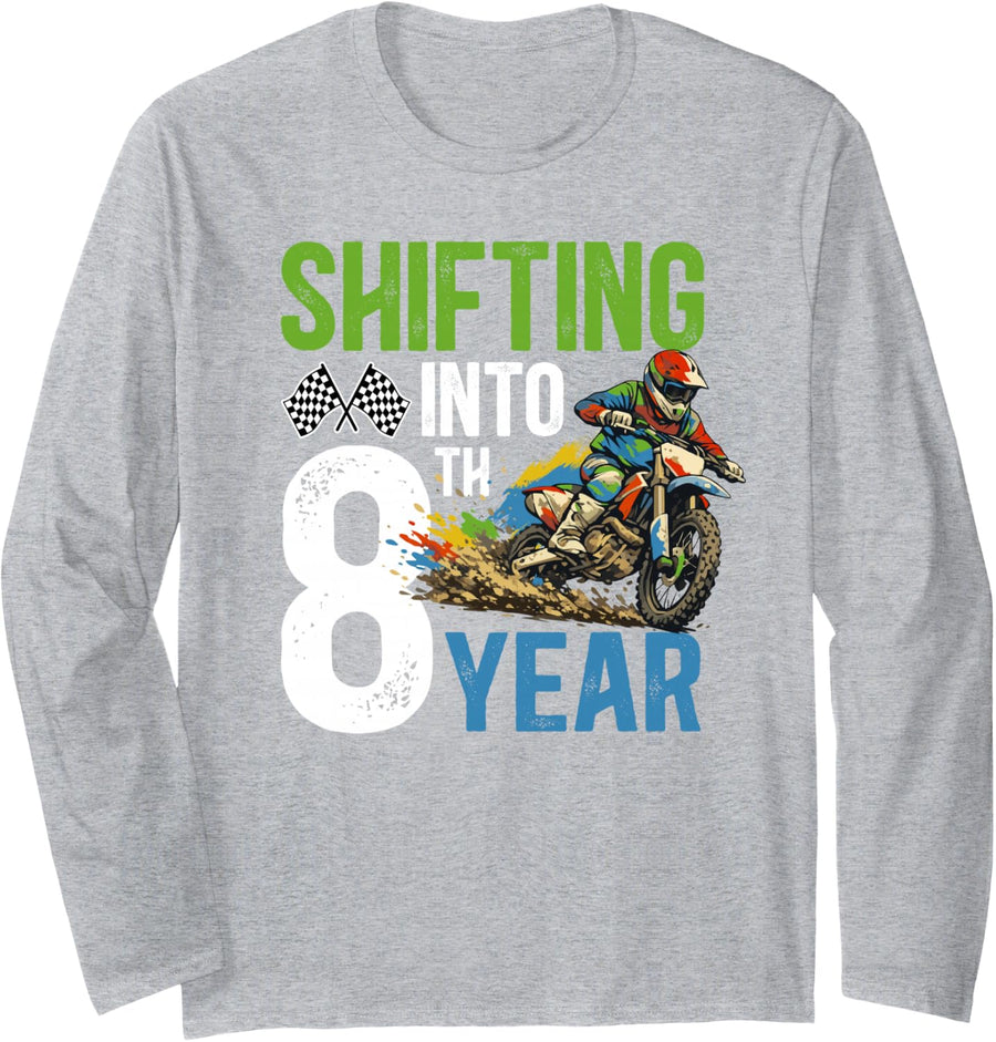 8th Dirt Bike Birthday Party 8 Year Old Dirt Biker Birthday Long Sleeve T-Shirt - Adult Unisex Heather Grey