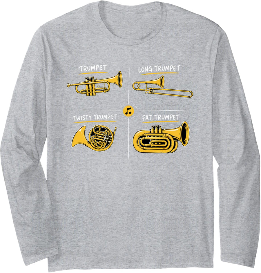 Types of Trumpets Player Musician Trumpeter Music Lover Long Sleeve T-Shirt - Adult Unisex Heather Grey