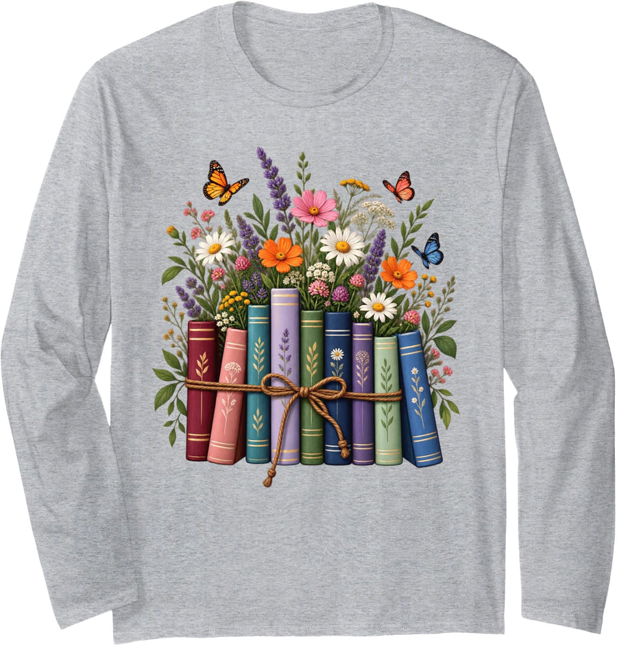 Floral Books Butterfly Reading Book Lover Garden Library Long Sleeve T-Shirt - Adult Unisex Heather Grey