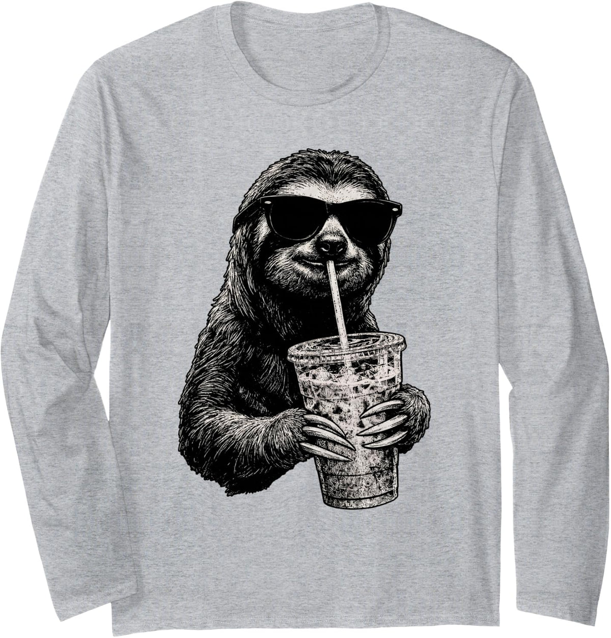 Funny Sloth Drinking Iced Coffee Wildlife Animal Humor Long Sleeve T-Shirt - Adult Unisex Heather Grey