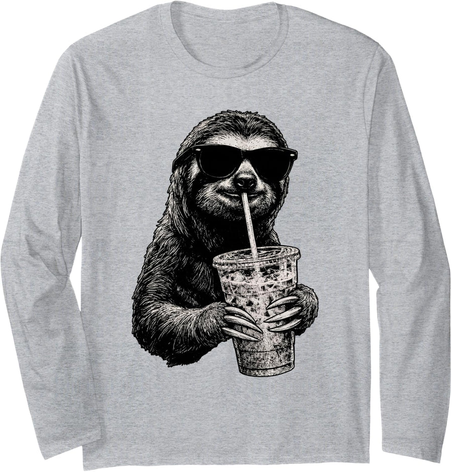 Funny Sloth Drinking Iced Coffee Wildlife Animal Humor Long Sleeve T-Shirt - Adult Unisex Heather Grey