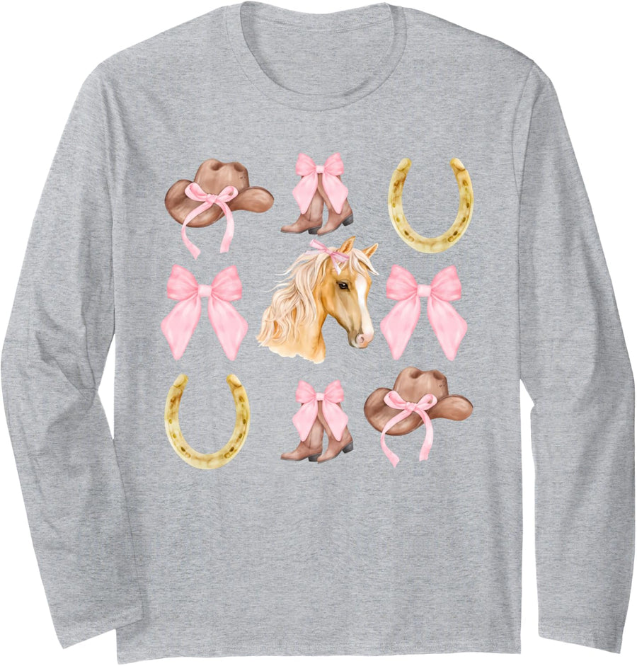 Western Girl Country Rodeo Pink Cowgirl Horse Coquette Bow Long Sleeve T-Shirt - Adult Unisex Heather Grey