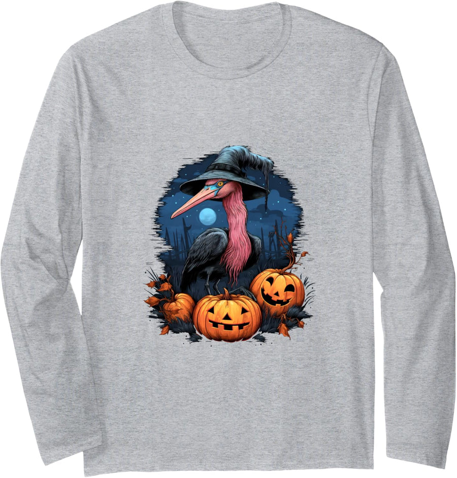 Flamingo Witch Hat Pumpkins Halloween Costume Long Sleeve T-Shirt - Adult Unisex Heather Grey