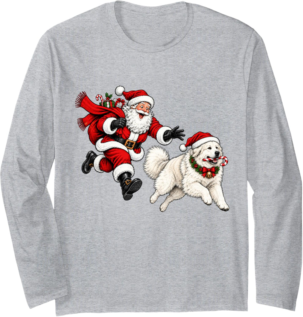 Funny Santa Chasing Great Pyrenees Christmas Dog Mom Pet Long Sleeve T-Shirt - Adult Unisex Heather Grey