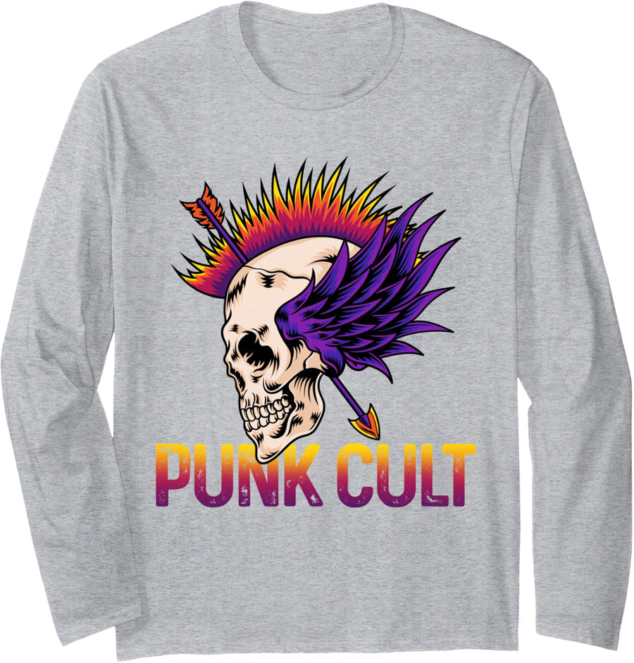 Punk Rock Skull Mohawk Alternative Underground Art Long Sleeve T-Shirt - Adult Unisex Heather Grey