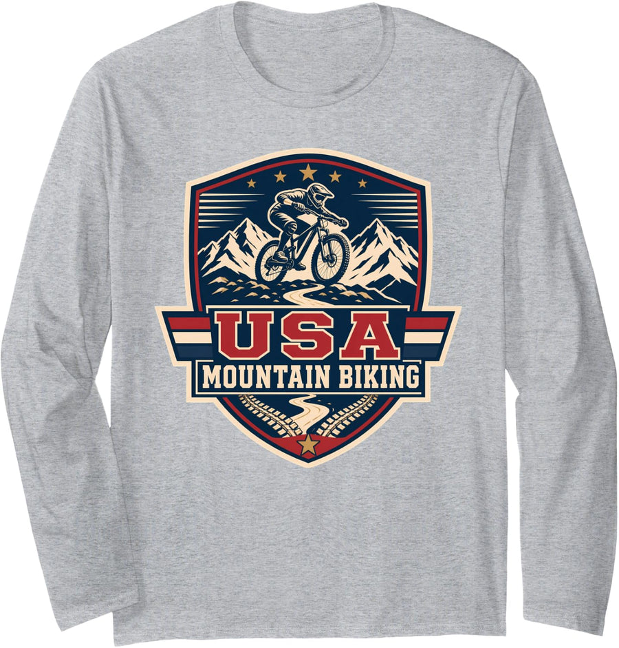 USA Mountain Biking Downhill Rider MTB Emblem Long Sleeve T-Shirt - Adult Unisex Heather Grey