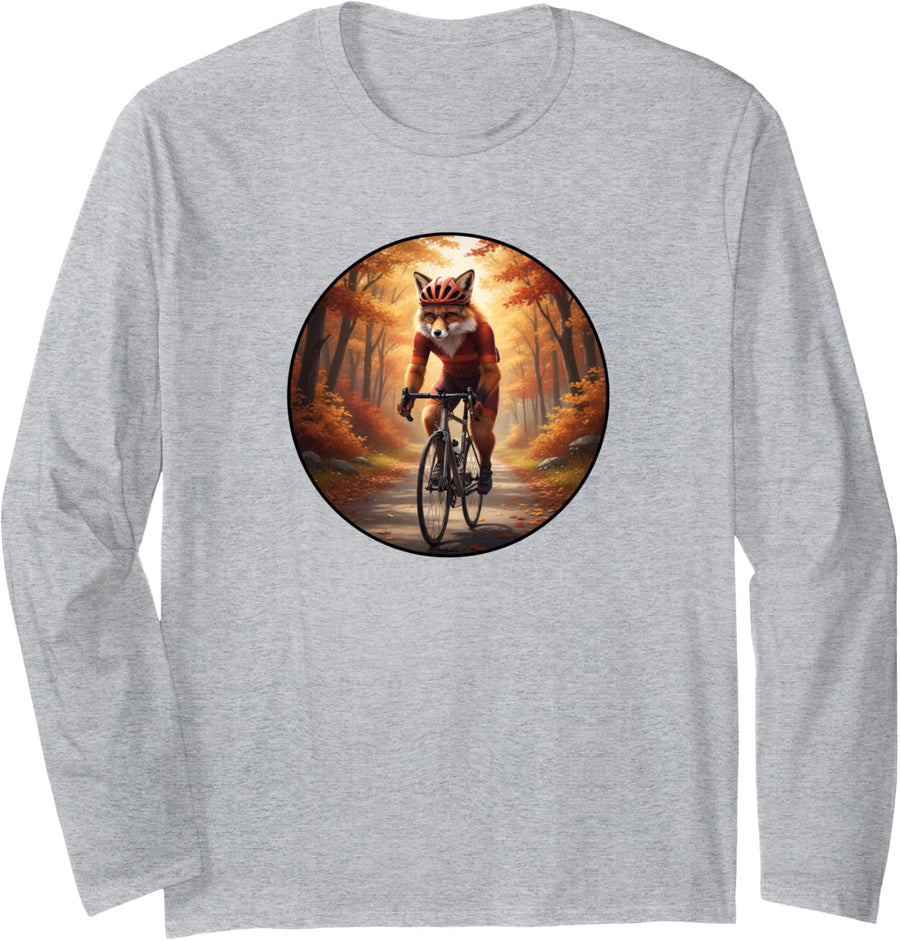 Funny RED Cycling Fox ON Road Bike in THE Forest Long Sleeve T-Shirt - Adult Unisex Heather Grey