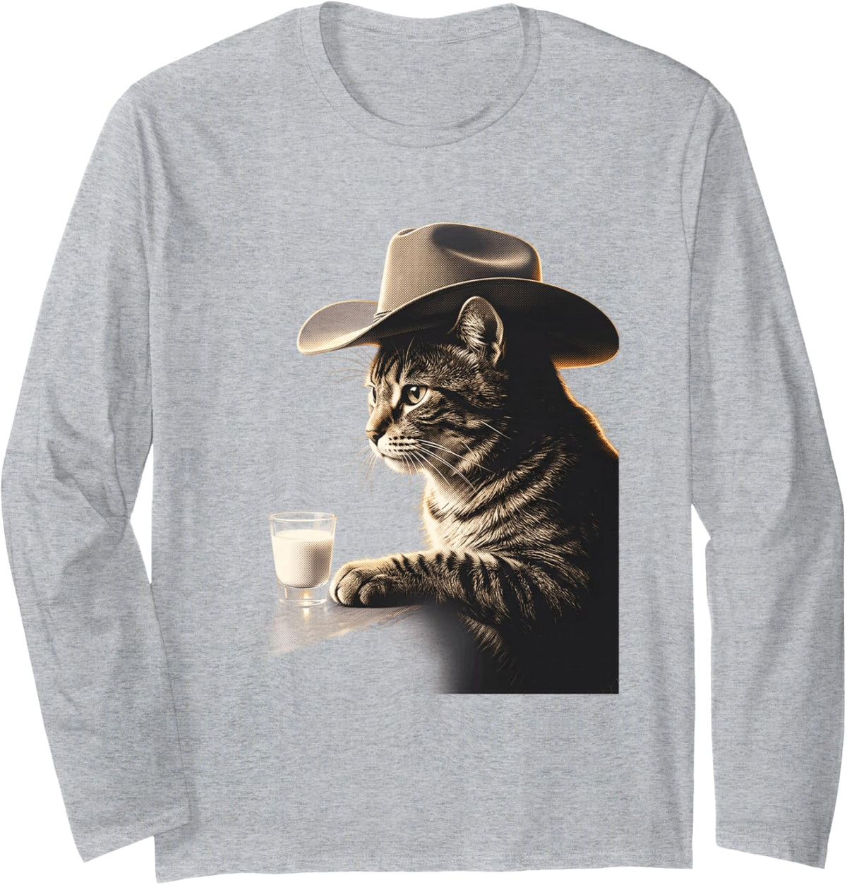 Funny Cowboy Cat Western Tabby with Milk At Bar Long Sleeve T-Shirt - Adult Unisex Heather Grey