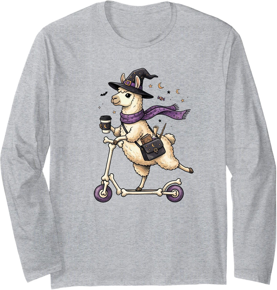 Llama Scooter Witch Halloween Kids Mens Womens Long Sleeve T-Shirt - Adult Unisex Heather Grey