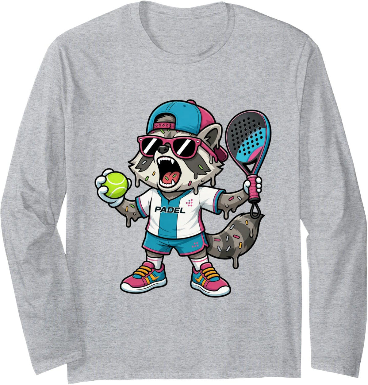 Padel Raccoon Player Funny Racquet Sport Trash Panda Long Sleeve T-Shirt - Adult Unisex Heather Grey